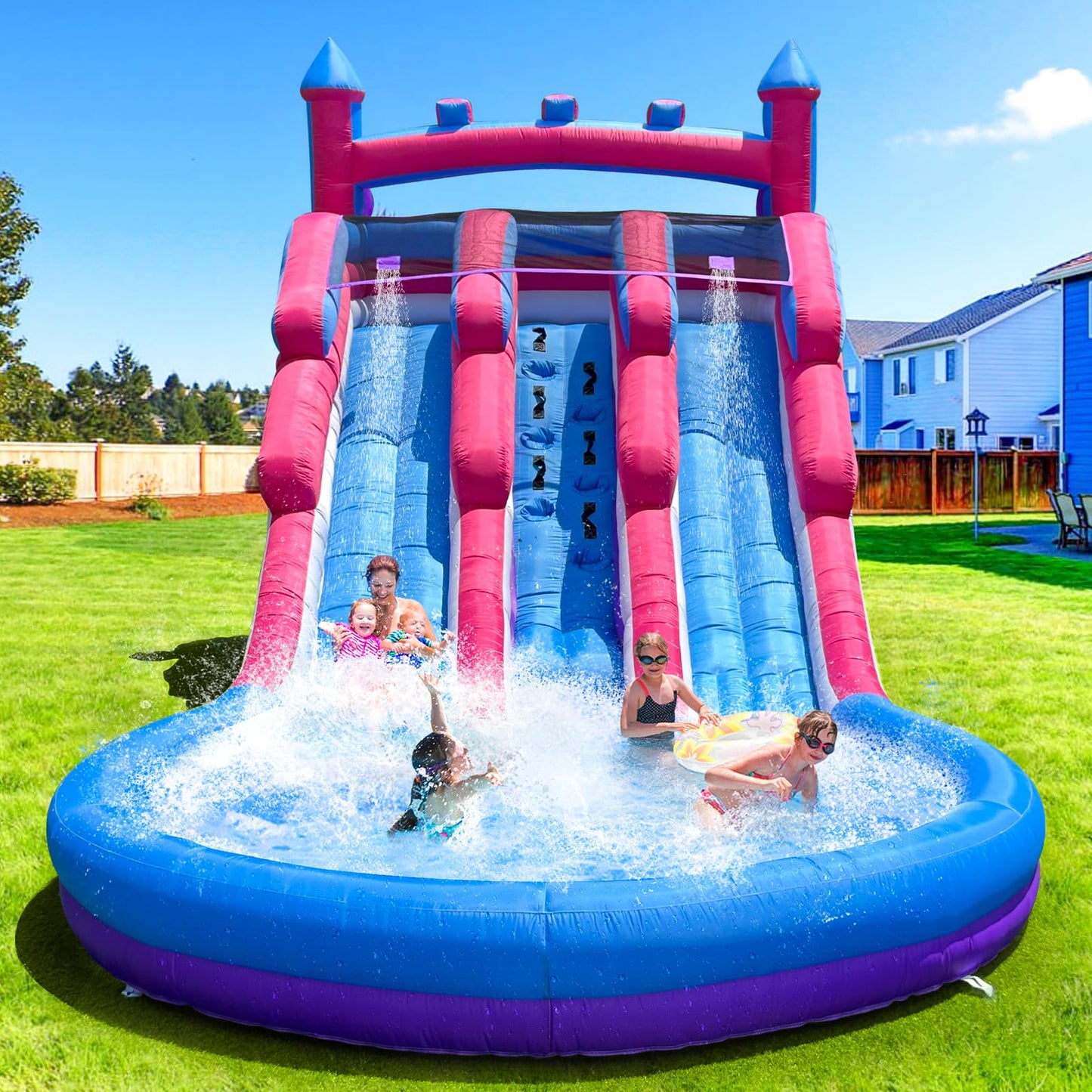 Grade Inflatable Water Slide for Kids and Adults, 21x12x9FT Giant Pink and Blue Water Slide with Blower and Double Slide, Water Slide Bounce House for Backyard Summer Party (Dual Slide Pink Waves)