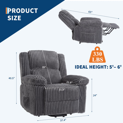Garvee Corduroy Recliner Chair, Manual Recliner Sofa with Handle, Pillow Top Arms, Thick Padding, Side Pocket, 330Lbs Capacity, Adjustable Recliner for Living Room, Bedroom, Home Theater, Dark Gray