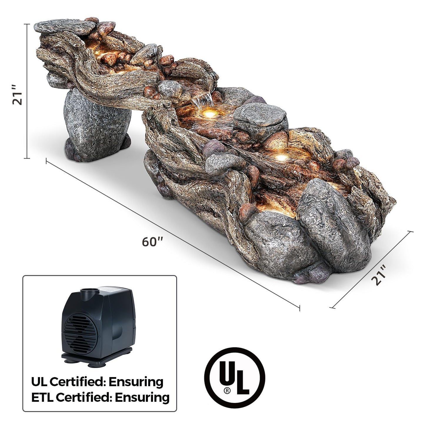 Jocoevol 60" Long Cascading Outdoor Rock Water Fountain, 5-Tier Tranquil River Waterfall, Realistic Rock Design, Serene Flowing Water Sound for Outdoor Garden, Patio, Landscaping, Home Decor