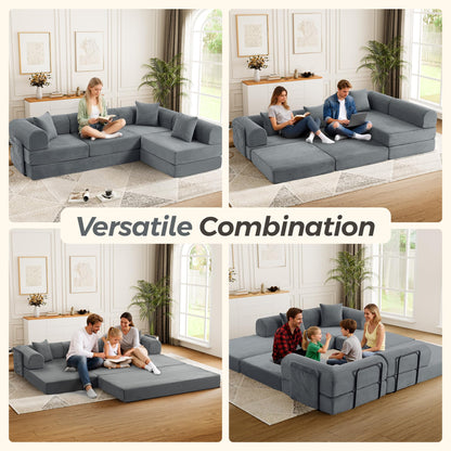 Trygoal 106.3" Oversized Convertible Sleeper Sofa Bed, L Shape Modular Sectional Cloud Sofa with Fixed-Shape Frame, Boneless Couch with Storage Pocket for Living Room, No Assembly Required, Gray