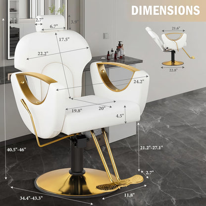 Tythical Salon Chair for Hair Stylist, Reclining Hair Salon Chair for Home, Barber Styling Chairs with Heavy Duty Hydraulic Pump, 360 ° Swivel, Multi-Function Beauty Spa Equipment Cream White Gold