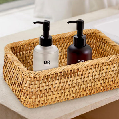 Whalehub Natural Rectangular Rattan Storage Baskets (Set of 3), Hand Woven Food and Fruit Serving Baskets, Wicker Organizer for Living Room, Bedroom, Kitchen