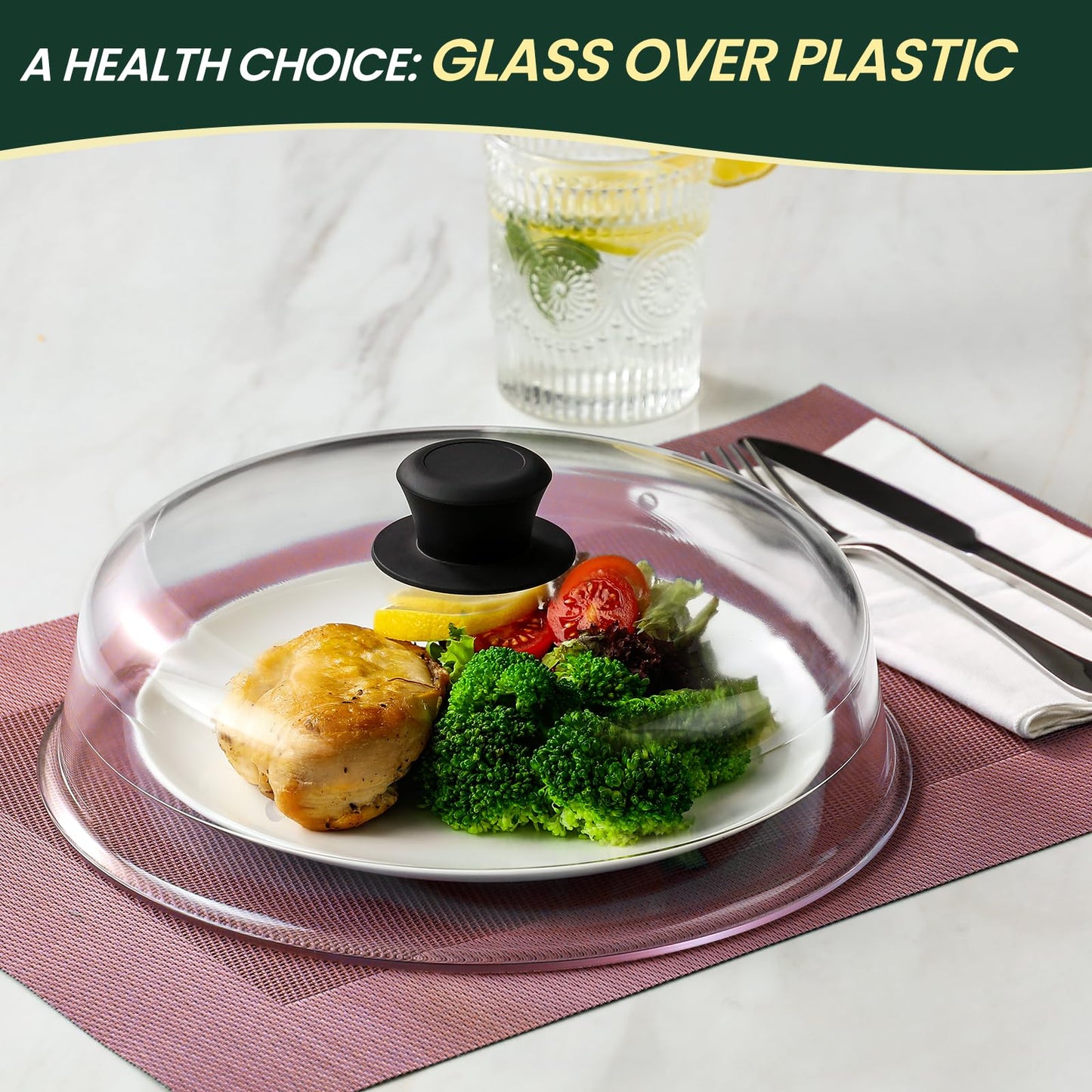 2 in 1, Glass Microwave Splatter Cover for Food & Microwave Place Mat, Plate Splatter Guard Lid with Easy Grip Silicone Handle Knob, Borosilicate Glass with Vent Hole, Food Grade, No Plastic, 10in