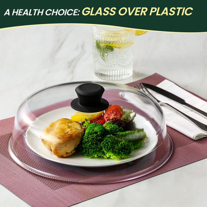 2 in 1, Glass Microwave Splatter Cover for Food & Microwave Place Mat, Plate Splatter Guard Lid with Easy Grip Silicone Handle Knob, Borosilicate Glass with Vent Hole, Food Grade, No Plastic, 10in