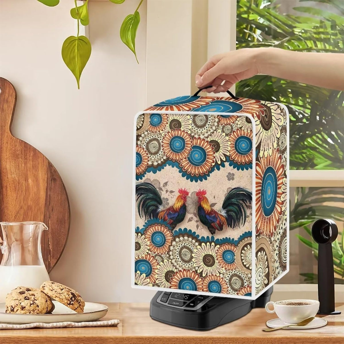 Boho Chicken Pattern Coffee Maker Cover, Dust and Fingerprint Protection for Stand Mixer, Machine Washable, Boho Brown