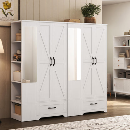 LIKIMIO 70" Tall Wardrobe Closet with Mirror, Side Shelves & Drawer, Freestanding Bedroom Armoire with Hanging Rod, X Barn Door Storage Cabinet for Bedroom, White