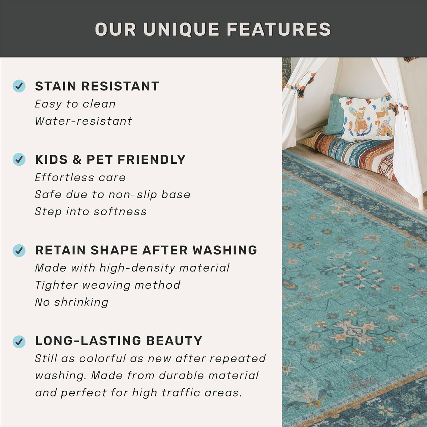 Skiennix Washable Teal Throw Rugs - Non-Slip Boho Floral Indoor Carpet for Entryway & Bathroom | Small Size, Stain & Fade Resistant