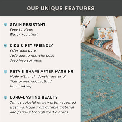 Skiennix Washable Teal Throw Rugs - Non-Slip Boho Floral Indoor Carpet for Entryway & Bathroom | Small Size, Stain & Fade Resistant