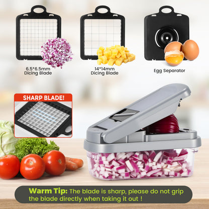 Vegetable Chopper,12-in-1 Multifunctional Food Chopper,Professional Onion Chopper with 7 Blades,Vegetable Cutter with Container for Salad,Potato,Carrot,and Garlic Essential Kitchen Tool (Silver black)