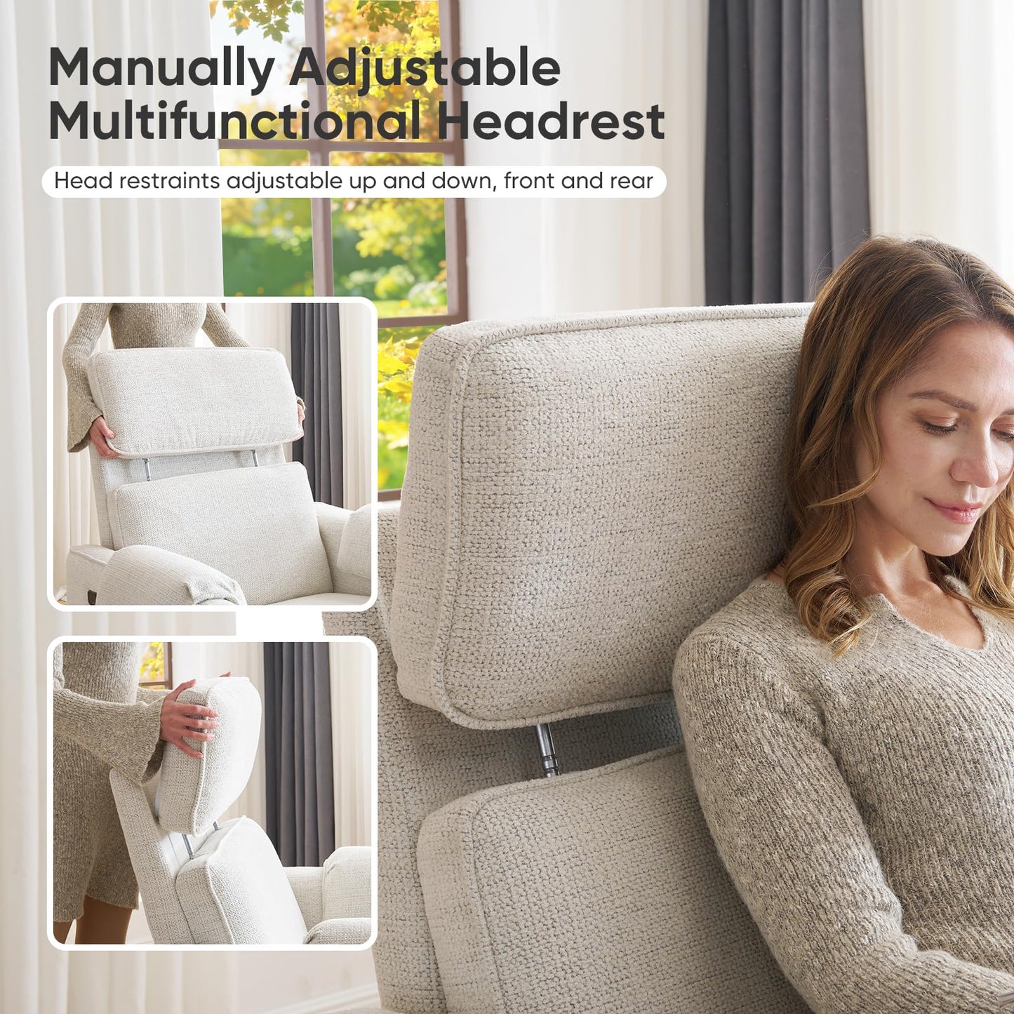 Rhevoy Oversized Power Recliner Chair, 26" Extra Wide Swivel Rocker Recliner with Adjustable Headrest, Chenille Glider Rocking Nursery Chair with Overstuffed Armrest, USB Ports, White