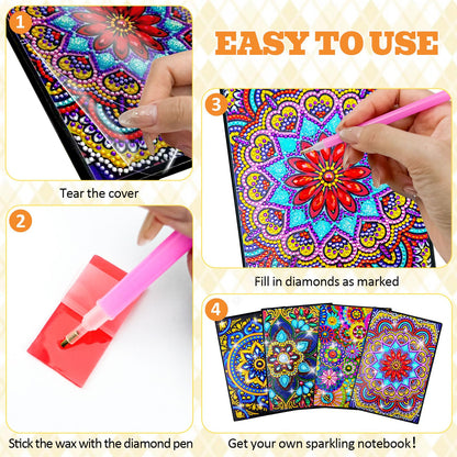 LINGFANG 4 Pack Diamond Art Kits for Adults Teens, Diamond Painting Journals Notebooks, DIY 5D Gem Dots Art Crafts for Adults, Teenagers' Birthday, Graduation, Gifts with Tools (Simple Pattern)