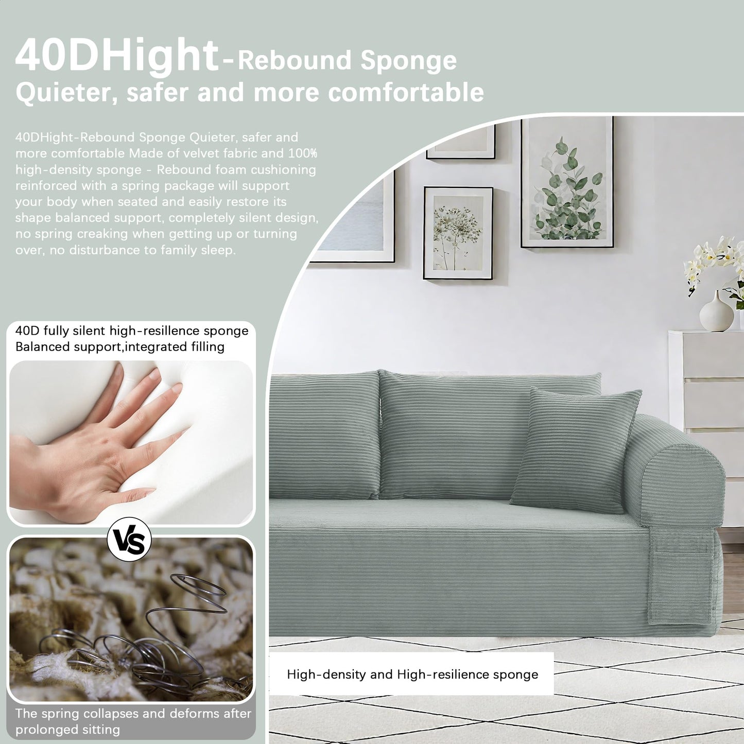83" Modern Sofa in a Box, No Assembly Oversized 3 Seater 28" Deep Seat Cloud Sofa Bed Couch with 4 Furry Pillows & Corduroy Fabric, Boneless Couch with Side Storage Pockets for Living Room, Light grey