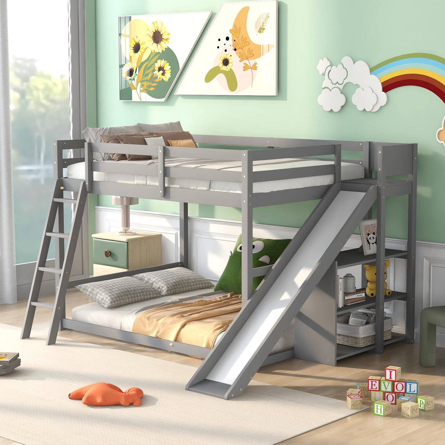 Merax Modern Full Over Full Wood Bunk Bed with Ladders and Slide, Floor Bunk Bed Frame with Storage Shelves, No Box Spring Needed, Space-Saving Grey