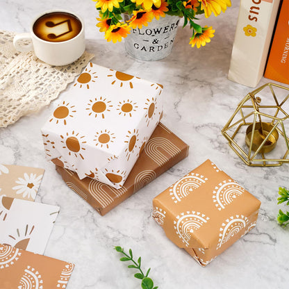 Whaline 12Pcs Modern Boho Wrapping Paper Boho Daisy Flower Rainbow Sun Gift Wrap Bulk Art Paper Folded Flat for Baby Shower Birthday Wedding DIY Crafts Gift Packing, 19.7 x 27.6 Inch