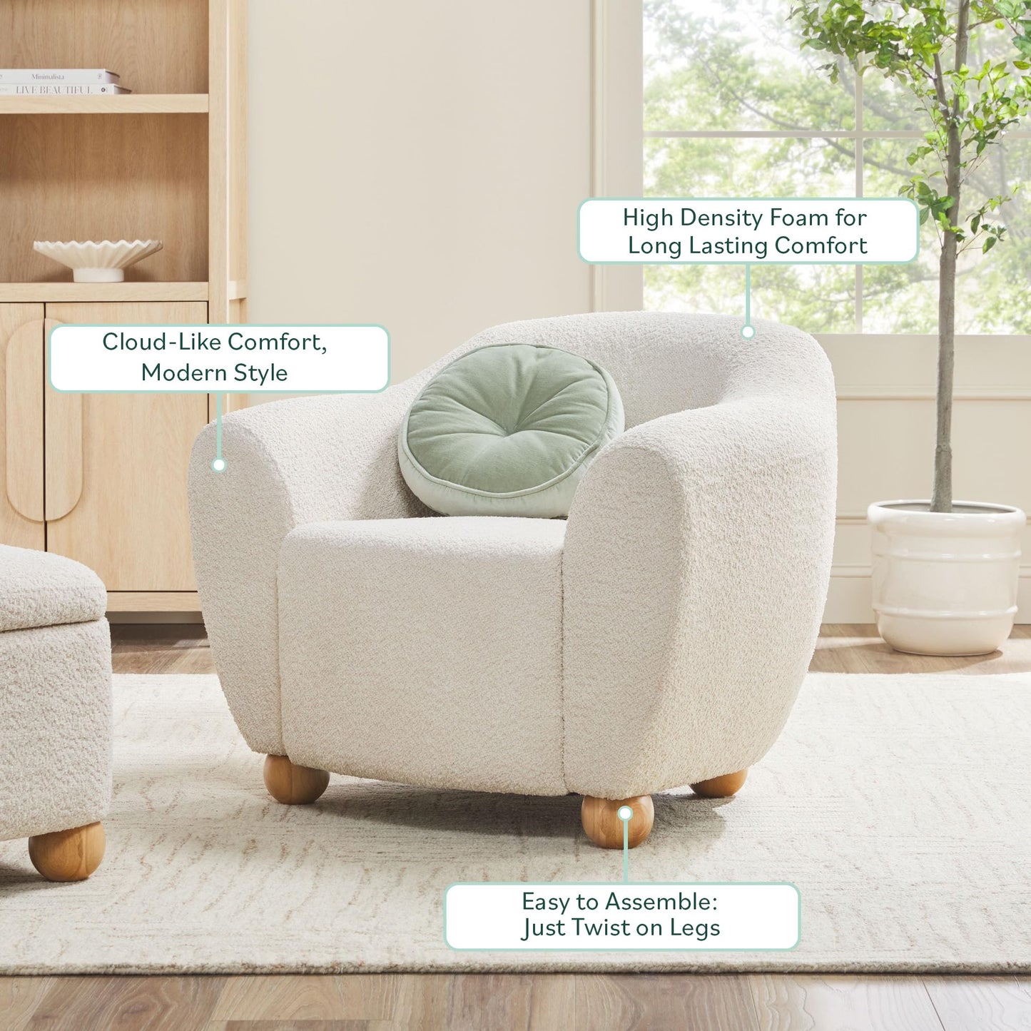 Walker Edison Linley Contemporary Bouclé Accent Chair with Wood Legs, Ivory