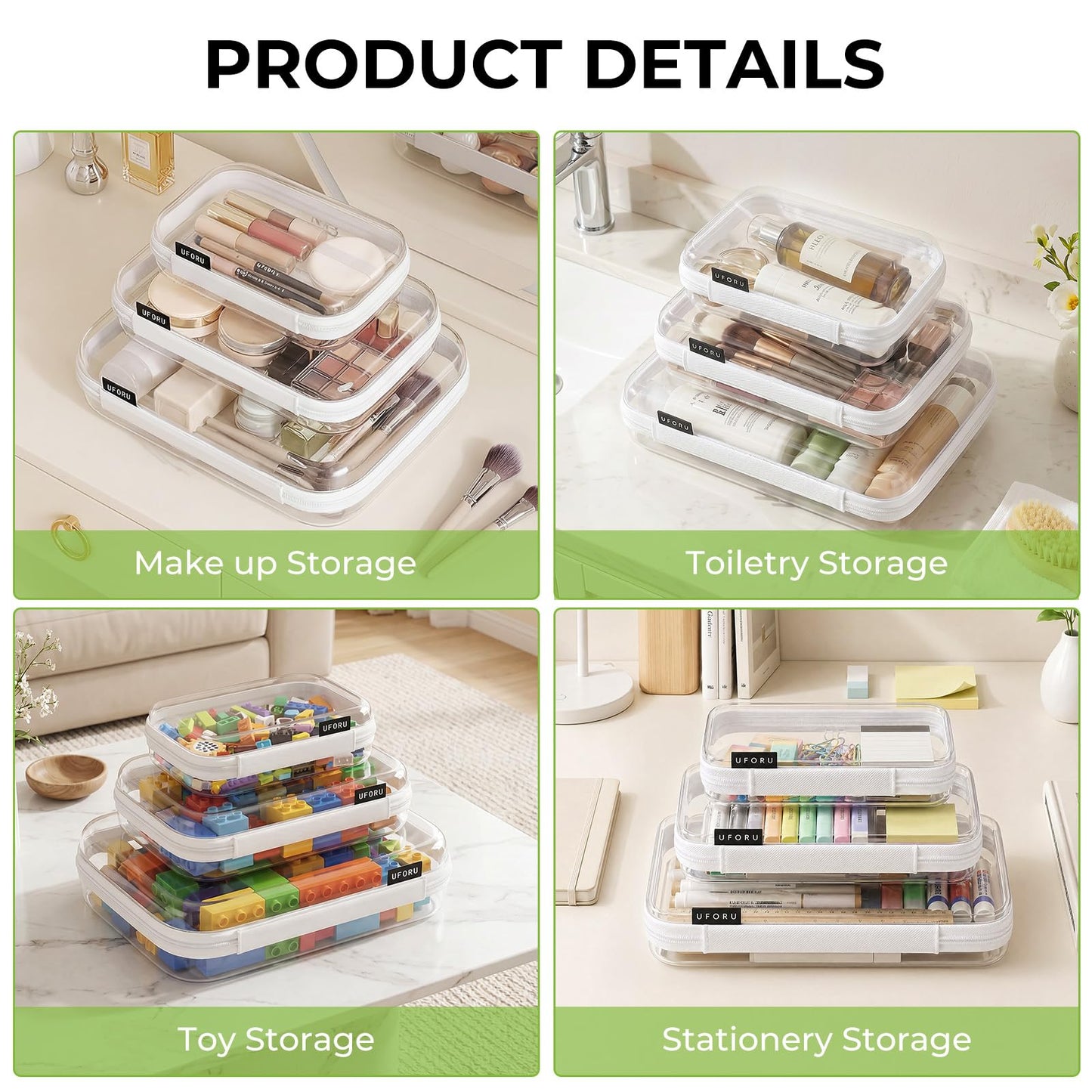 UFORU 3 Pack Clear Hard Shell Zipper Case, Heavy Duty Portable Clear Zipper Pouches, Travel Makeup Organizer & Toiletry Bag, Diaper Bag Organizer Pouches for Toys, Tech & Art Supplies, Medium