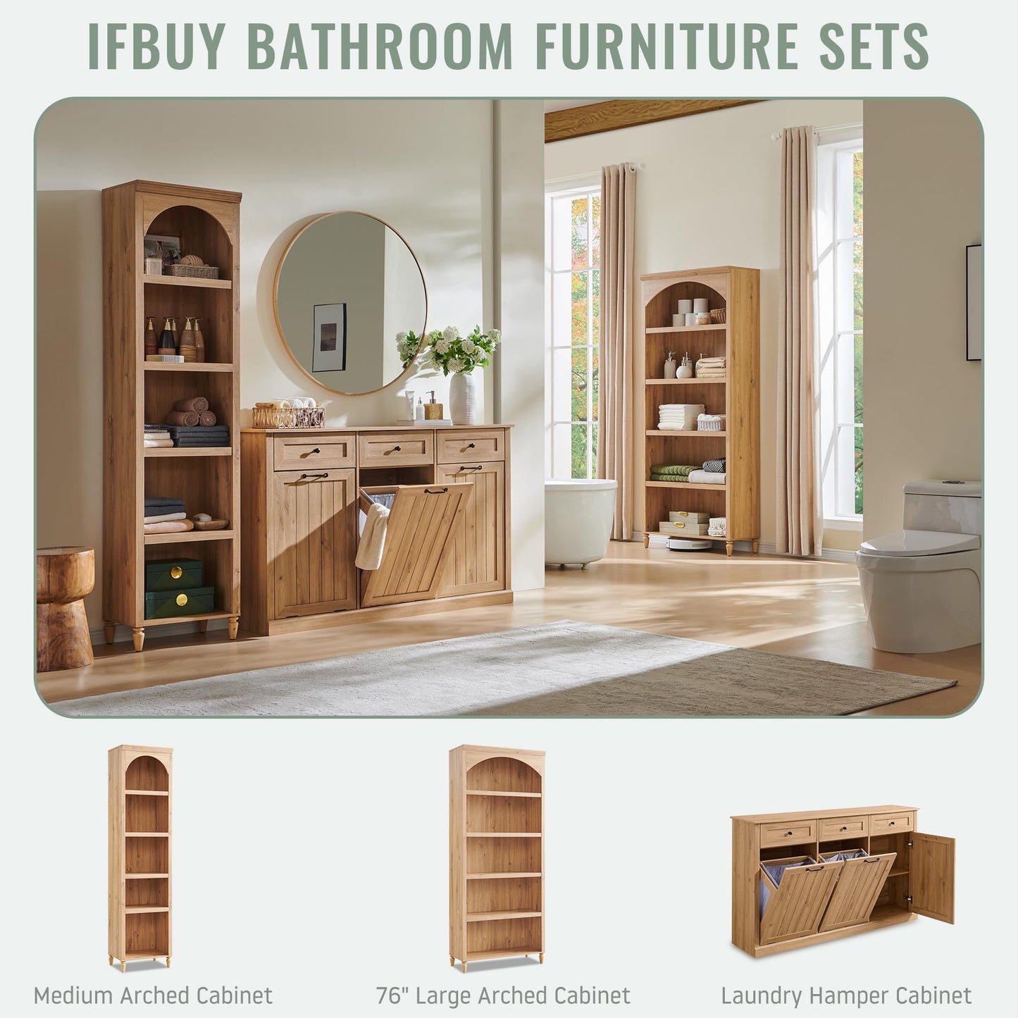 IFBUY Triple Tilt Out Laundry Hamper Cabinet, 20 Gallon Farmhouse Trash Can Cabinet w/Drawer & Adjustable Shelf, Hidden Garbage Can Bin Cabinets w/Laundry Basket for Bathroom, Kitchen (Natural)