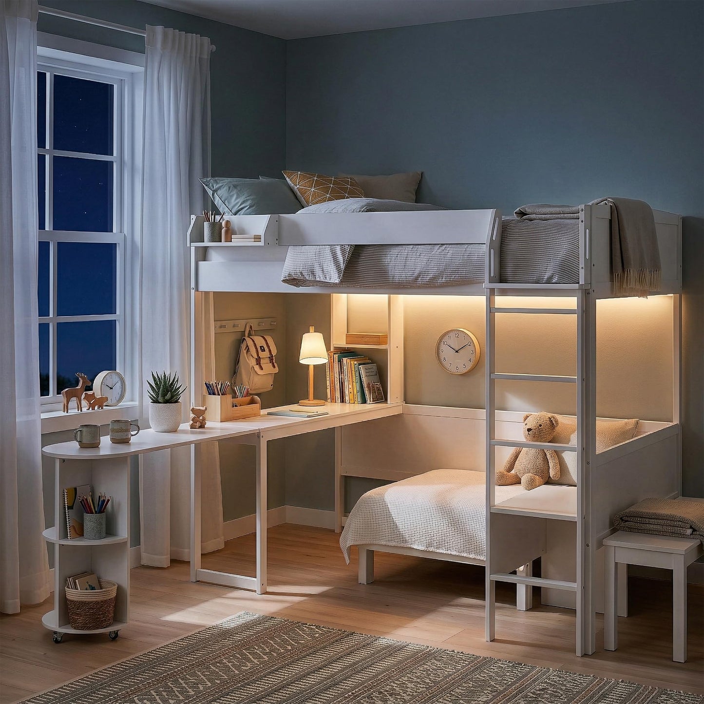 Merax Full Size Loft Bed with Extendable Desk and Lights, Wood Loft Bed Frame with Storage Shelves & Padded Foldable Sofa, Space-Saving Loft Bed for Teens Adults, Dorm Apartment, White