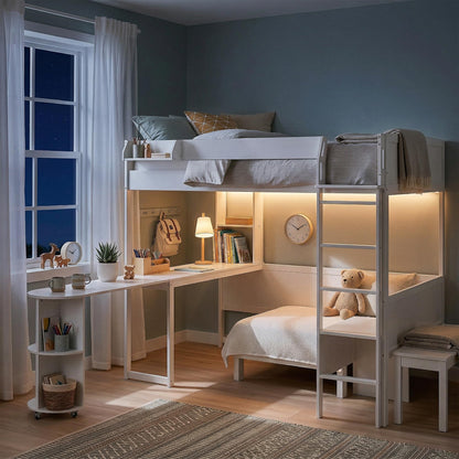 Merax Full Size Loft Bed with Extendable Desk and Lights, Wood Loft Bed Frame with Storage Shelves & Padded Foldable Sofa, Space-Saving Loft Bed for Teens Adults, Dorm Apartment, White