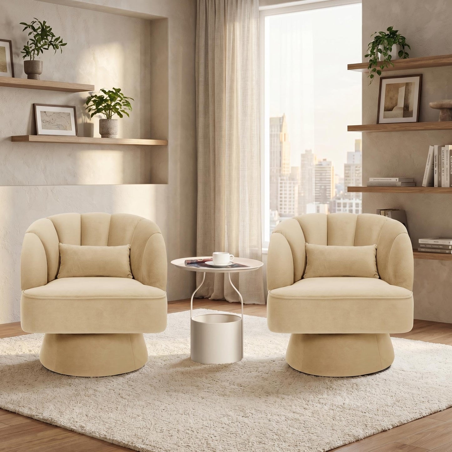 GarveeHome Modern 360° Swivel Velvet Barrel Accent Armchair – Striped Backrest & Plush Padding, Comfy Round Lounge Chair for Living Room, Bedroom, Reading Nook