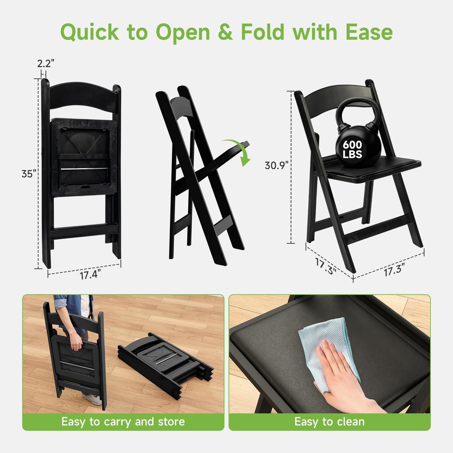 Real Relax Black Resin Folding Chairs with Cushion - Comfortable Foldable Plastic Chair - Stackable Chairs with Padded Seats - Indoor/Outdoor Chairs for Events, 600lbs Capacity(10 Pack)