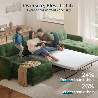 LINSY HOME U-Shaped Sleeper Sofa with Storage, Green Corduroy, 152.5 x 65 x 34.5 Inches, 4-Seater Convertible Couch with Pull-Out Bed