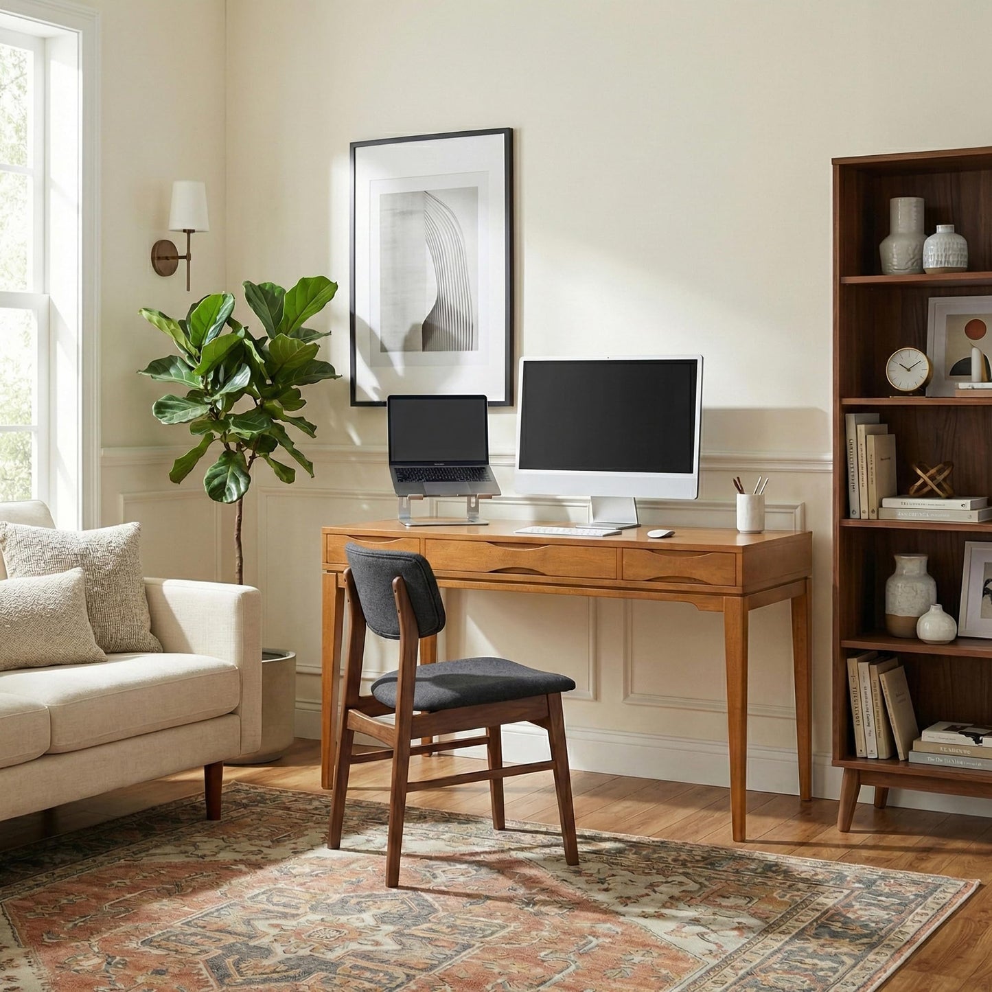 SIMPLIHOME Harper Desk - 60 Inch Wide Solid Wood Writing Desk in Light Golden Brown, Mid-Century Modern Home Office Computer Table for Study with 2 Drawers and Flip-Down Keyboard Tray