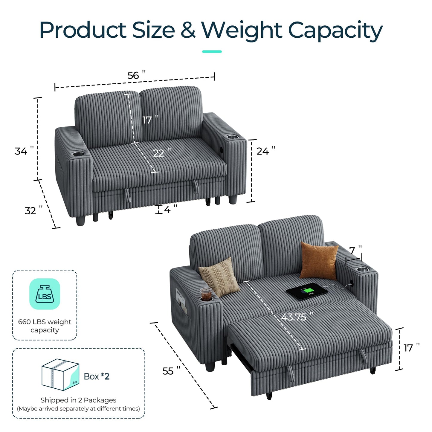 LINSY HOME Sectional Sleeper Sofa Pull Out Couches for Living Room (Grey, Pull Out Couch) | Pull Out Sofa Bed, Storage, USB Charging, Cup Holders, Plush Corduroy