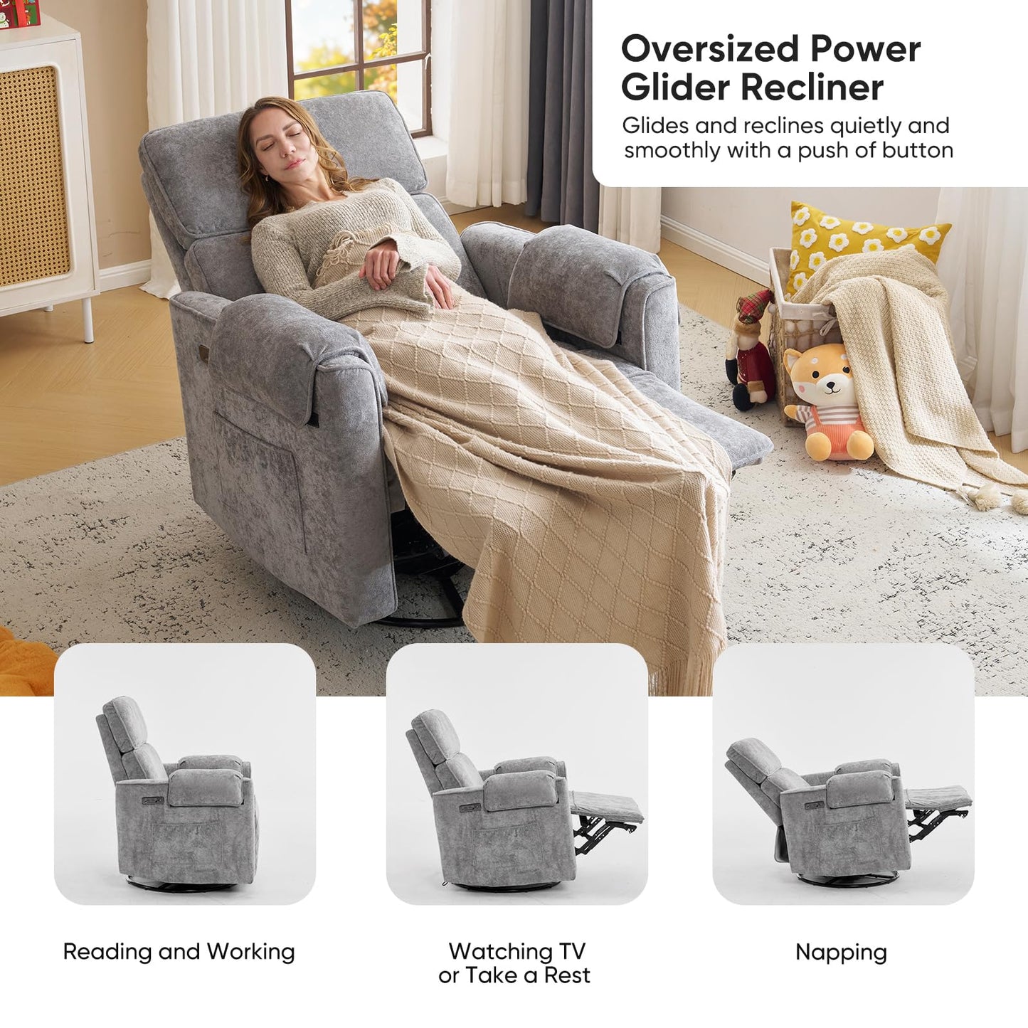 Rhevoy Oversized Power Recliner Chair, 26" Extra Wide Swivel Rocker Recliner with Adjustable Headrest, Chenille Glider Rocking Nursery Chair with Overstuffed Armrest, USB Ports, Grey