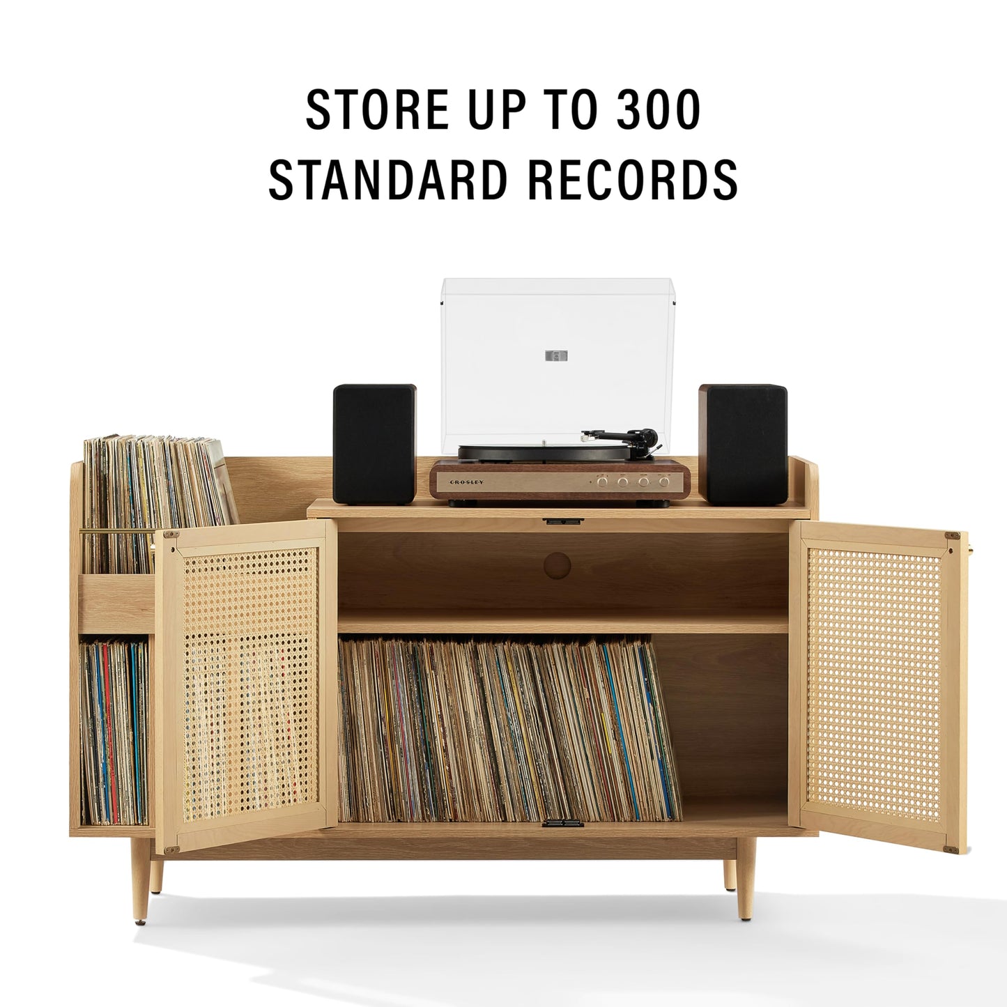 Crosley Furniture Maeve Record Player Cabinet, Vinyl Storage, Rattan Turntable Stand for Records, Ash