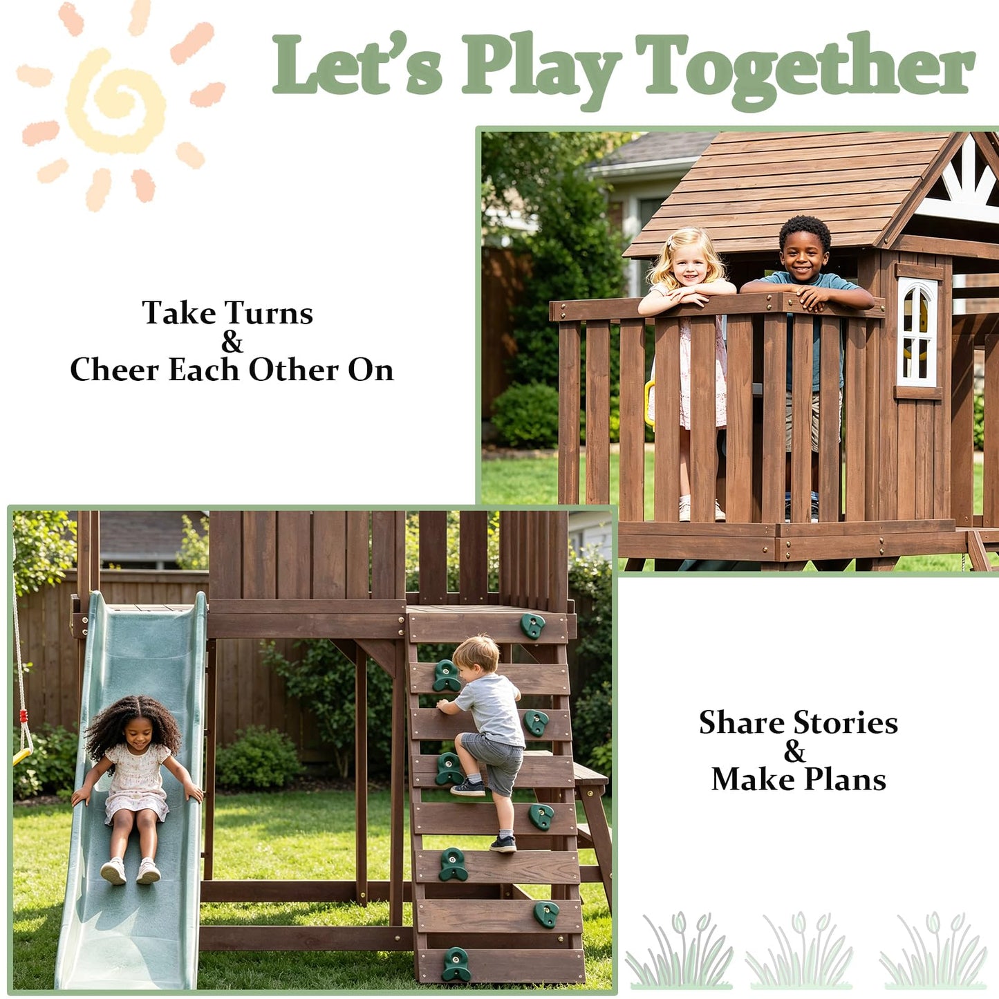 Wooden Swing Set with 2 Swings, Wave Slide, Play Deck, Climbing Wall & Trapeze Rings - Outdoor Backyard Playset for Kids - Heavy Duty Wooden Jungle Gym