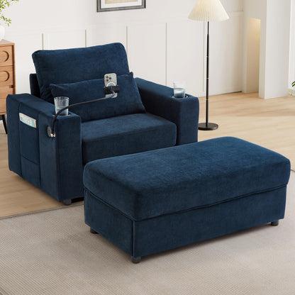 Merax Modern Oversized Chaise Longue Chair with Movable Storage Ottoman, 2 USB Ports, 2 Cup Holders, a Phone Holder, Side Pockets, 42.5" Reclining Chair for Living Room, Bedroom, Blue
