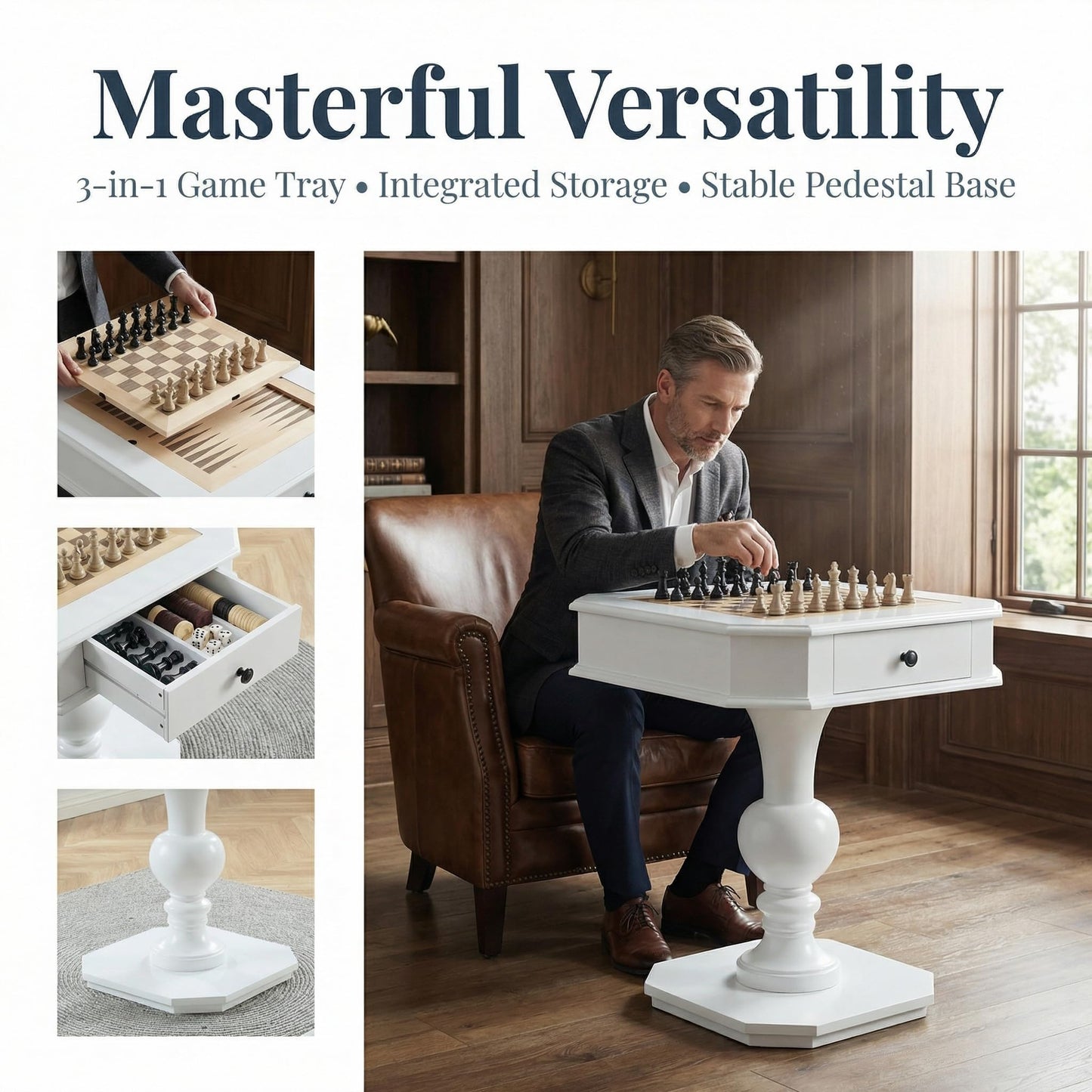 ComeWay Chess Table, Reversible Chess Checker Game Table with 2 Drawers for Family Entertainment Room, 3-in-1 Square Game Tray for Chess Checker Backgammon, White
