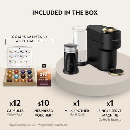 Nespresso Vertuo Pop+ Deluxe Coffee and Espresso Maker by Breville with Milk Frother, Matte Black Gold