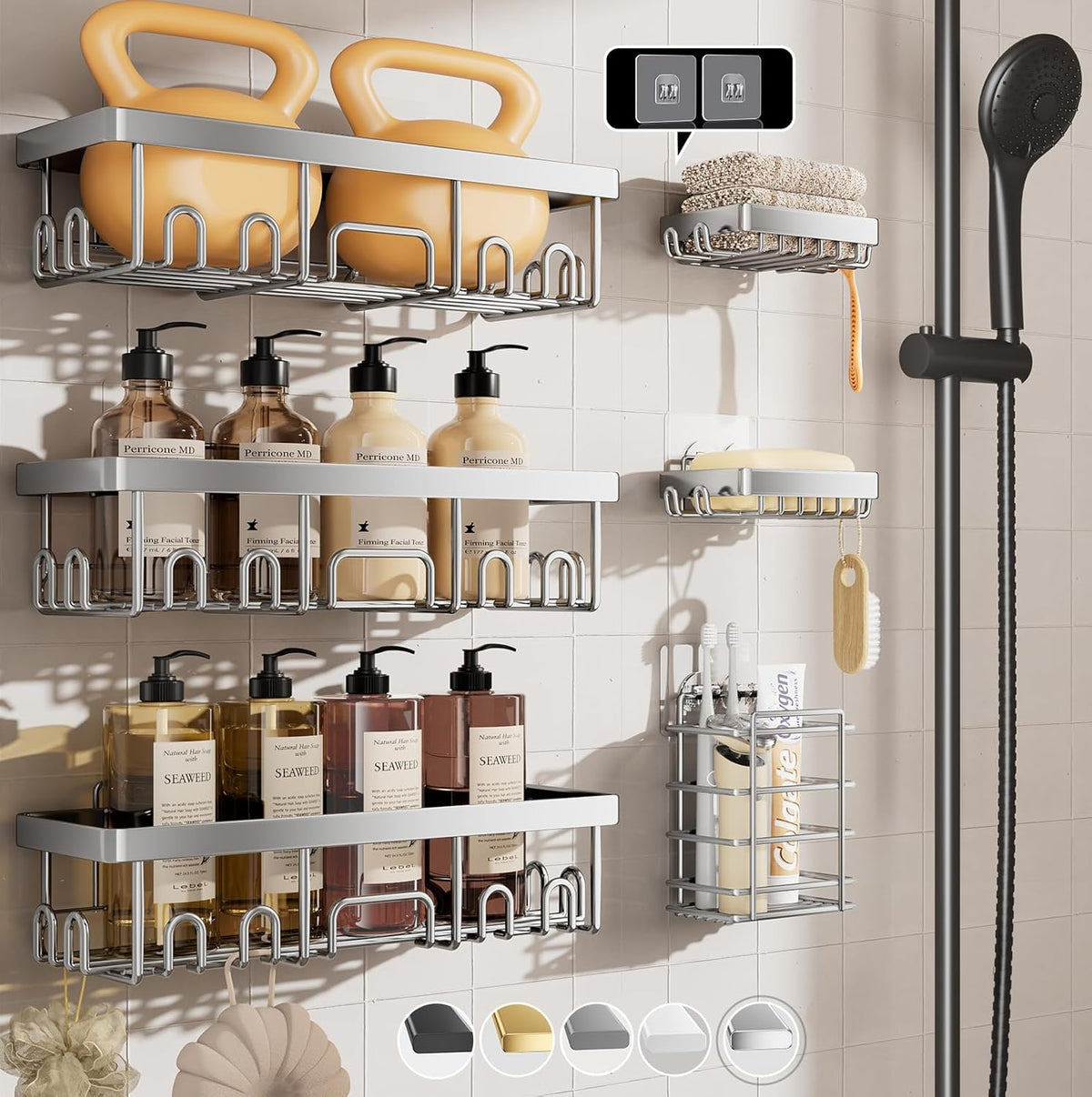 Veken Shower Caddy - Large Wall-Mounted Organizer with Soap Dish & Toothbrush Holder | 6-Pack Set