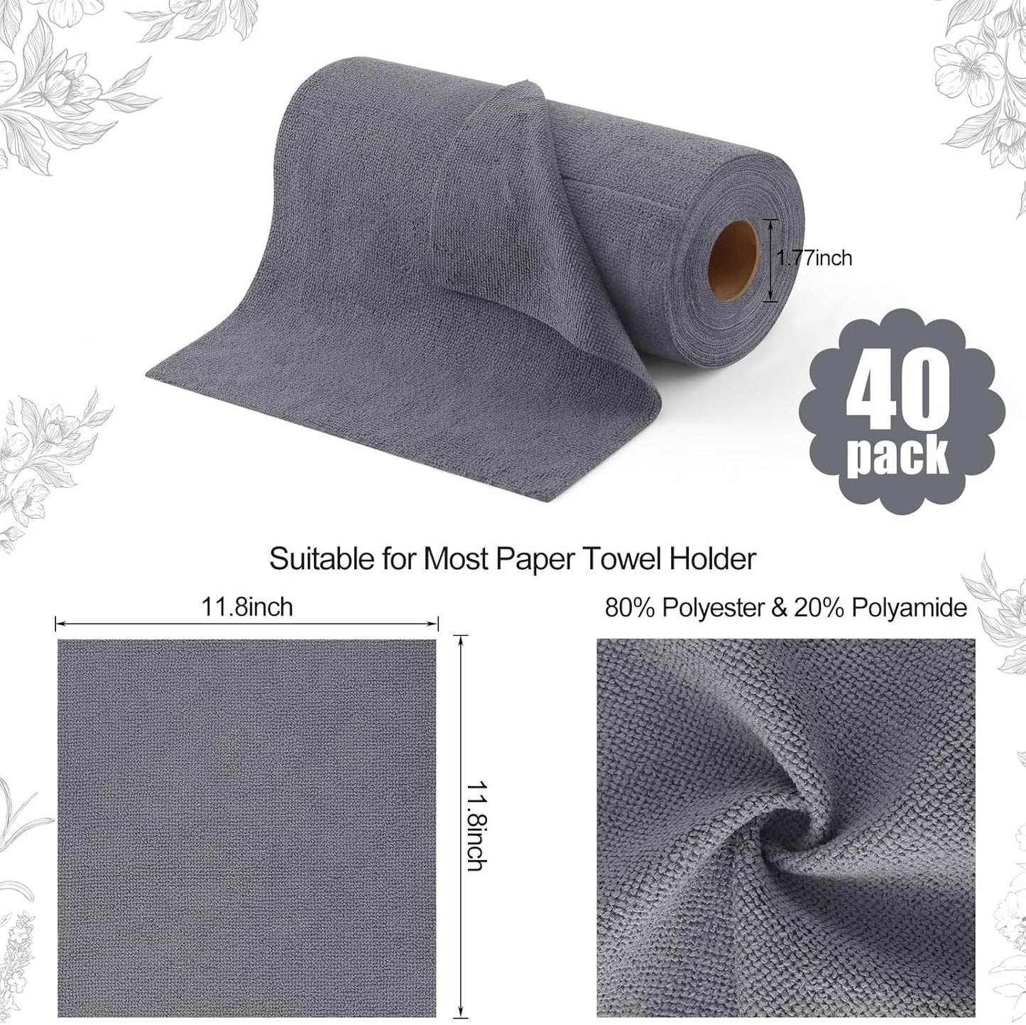 40 Sheets-11.8" 11.8", Homaxy Tear Away Dish Cloths Rolls, X Reusable Washable Dish Towels for Kitchen, Ultra Absorbent