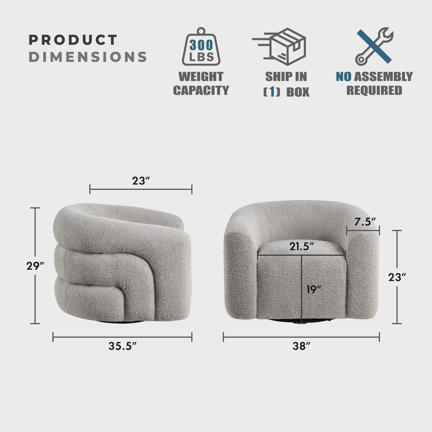 Lexicon Modern Swivel Accent Chair, Cozy Boucle Arm Chair with Plush Curved Back, Soft Stitching Cushions for Living Room/Bedroom/Office, Fully Assembled, Gray