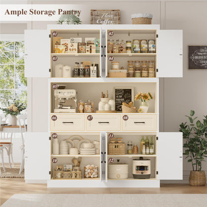 HITHOS 76" Tall Kitchen Pantry Storage Cabinet, 55“ Wide Kitchen Hutch Cabinet with Storage Drawers, Large Food Pantry with Microwave Stand, Modern Cupboard with Hutch for Dining Living Room, White