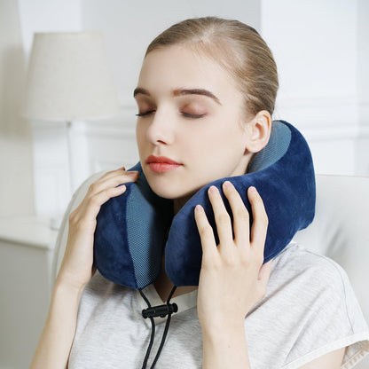Travel Pillow - Best Memory Foam Neck Support for Sleeping, Airplane, Car & Home Use (Dark Blue)