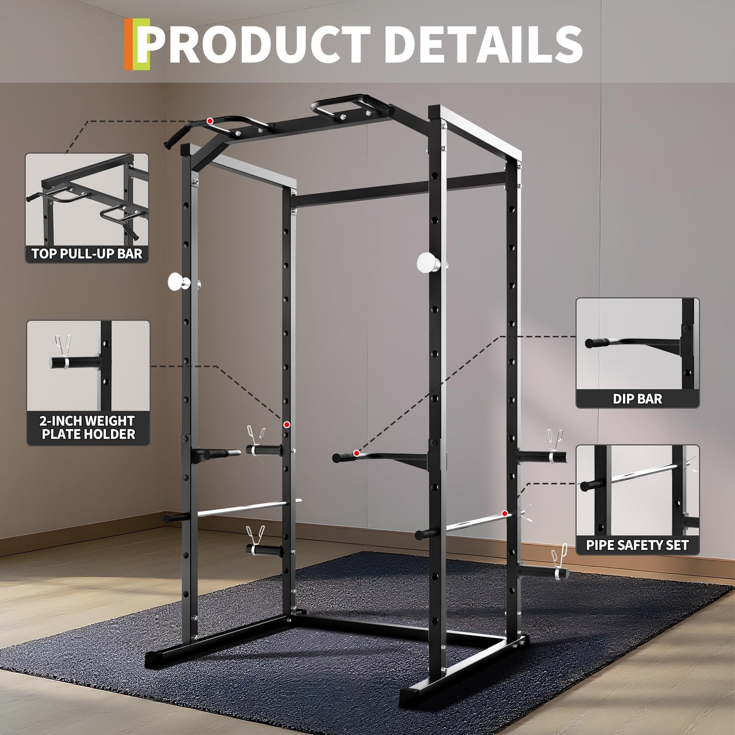 ActiveTrail Heavy-Duty Power Cage with Pull-Up Bar, 1100LB Capacity Squat Rack for Home Gym Strength Training with Adjustable j-Hooks & Safety Bars