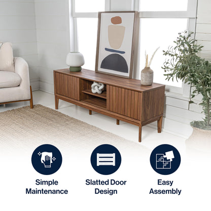 JONATHAN Y Gennaro 58" Mid-Century Wood TV Stand Media Console with Slatted Sliding Doors, Entertainment Center for Living Room with Adjustable Shelves and Cable Management, Walnut TVS1000B