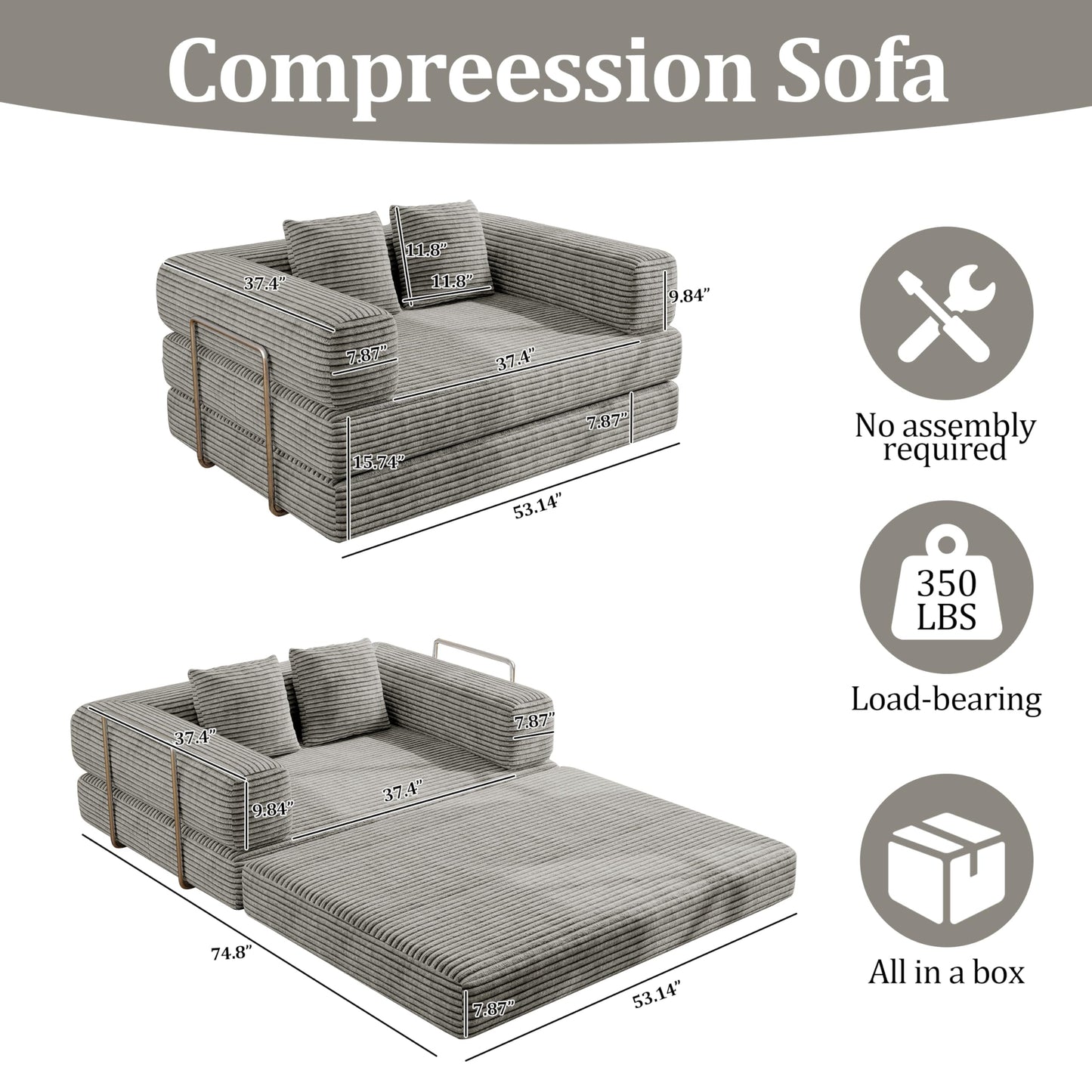 BSHOMGI Folding Sofa Bed, 4 in 1 Convertible Sofas to Lounger Comfy Floor Portable Foldable Sleeper Lazy Futon Couch Chair for Bedroom, Living Room (Light Gray, 53.15" Double Sofa)