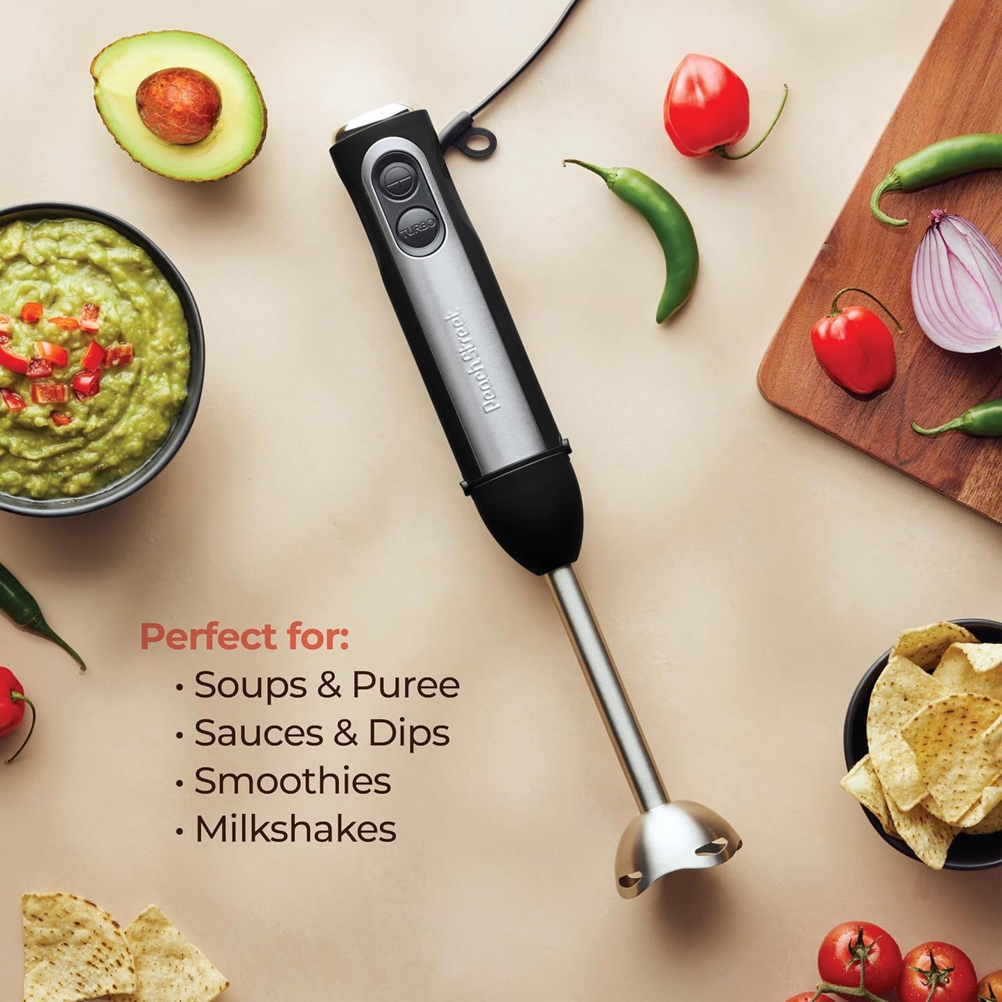 Powerful 500 Watt Immersion Blender, Electric Hand Blender with Turbo Mode, Detachable Base for Smoothies and Puree