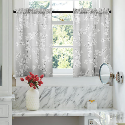 FMFUNCTEX Gray White Floral Printed Bathroom Tier Curtains, 36 Inches Long, 2 Panels Set for Kitchen, Living Room,