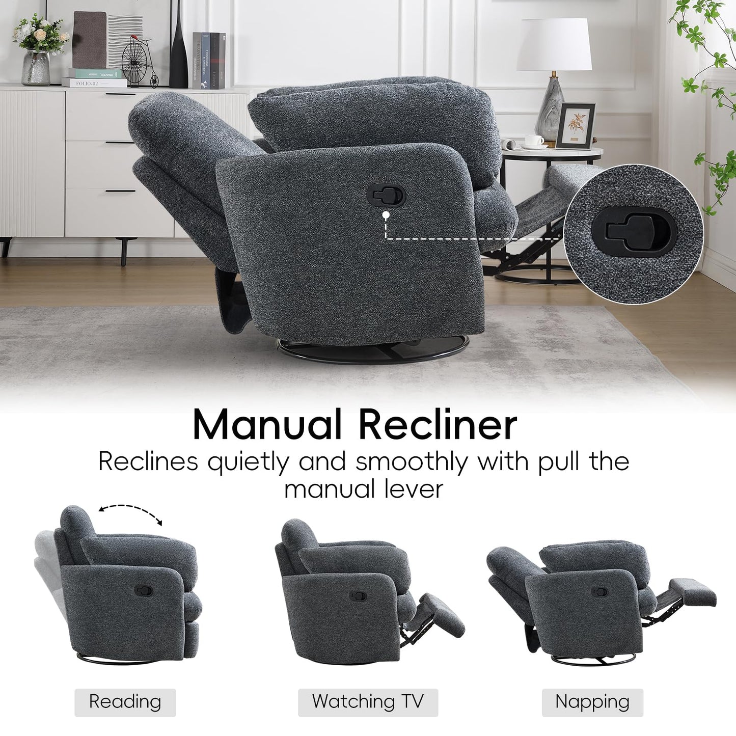 Bonzy Home Manual Recliner Chair, 360°Swivel Rocker Recliner Chair for Adults, Overstuffed Nursery Rocking Reclining Sofa with 2 Pillows and Hidden Storage, Dark Grey
