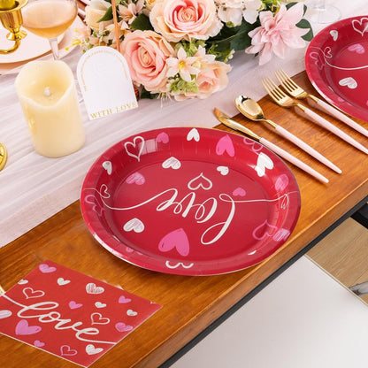 Dereinwo 50Pcs Valentines Day Large 12" x 10" Oval Paper Plates and Napkins Disposable Heavy Duty Paper Plates and Napkins for Valentines Day Party Supplies