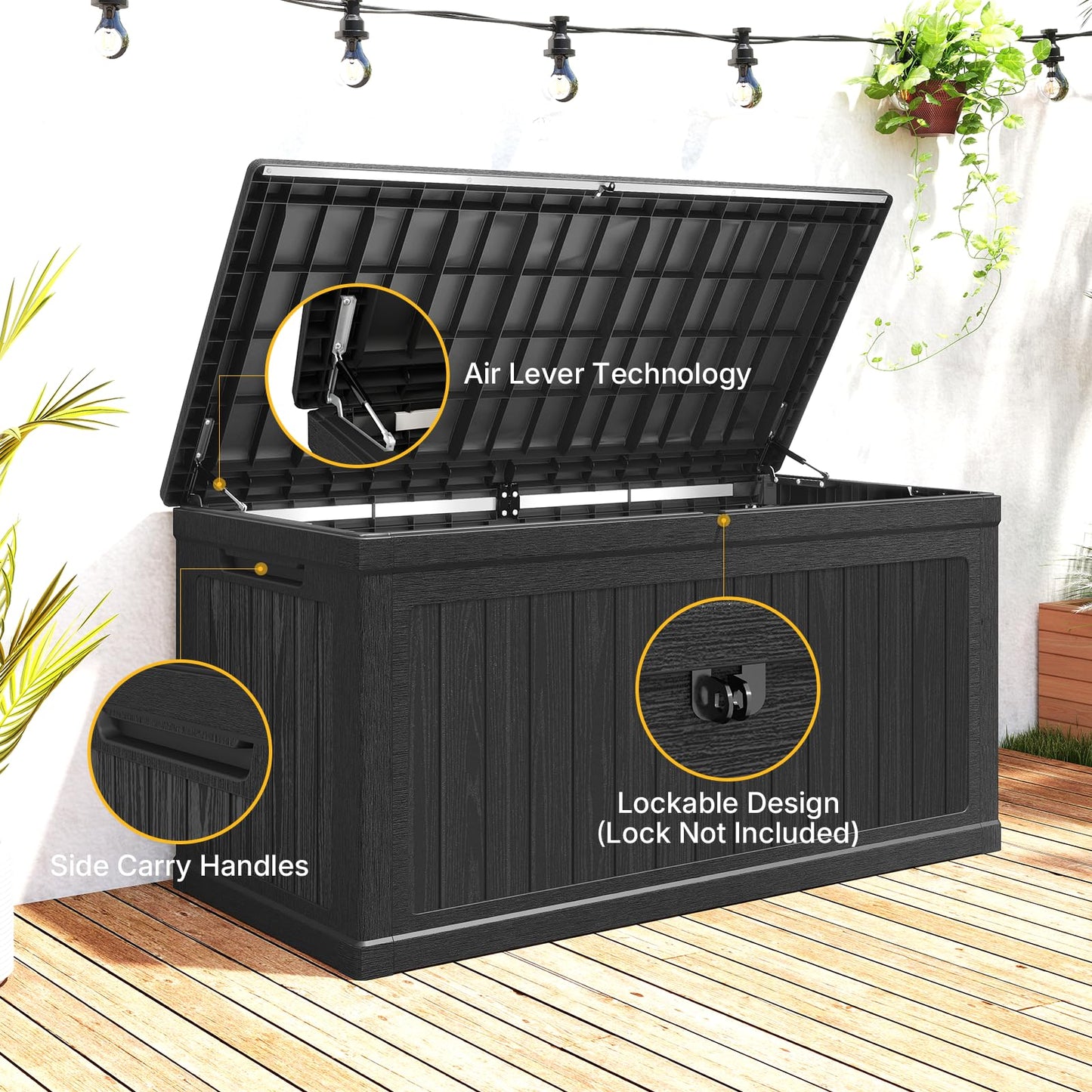 Skepphlay 260 Gallon Deck Box Large Outdoor Storage Box, Waterproof Pool Storage Cushion Boxes Bin, 440 lbs Load Capacity Black Outdoor Storage Bench for Garden, Patio