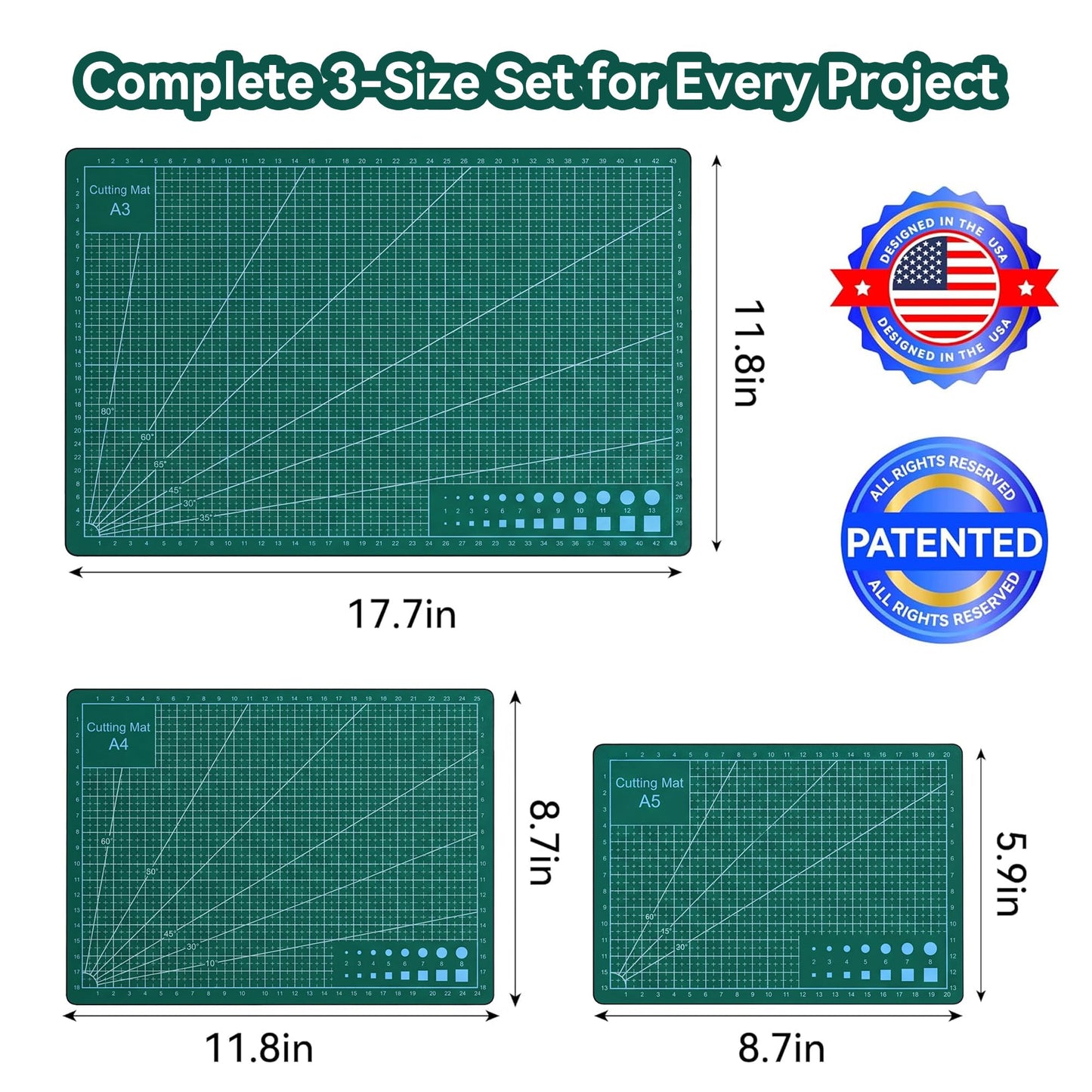 3Pcs Self Healing Cutting Mat, Double-Sided Non-Slip Rotary Cutting Board for Rotary Cutting, Sewing, Quilting, Crafting, A3 A4 A5 Size (18x12, 12x9, 9x6 Inch),Green