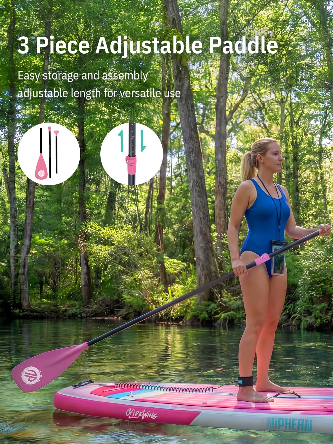 Niphean (Extra Large) Inflatable Paddle Board, SUP for 2+1 People/Family 500lbs Capacity Stand Up Paddle Board with SUP Accessories, StabilTrac Fin Non-Slip Paddleboard for Adults-Rose Red