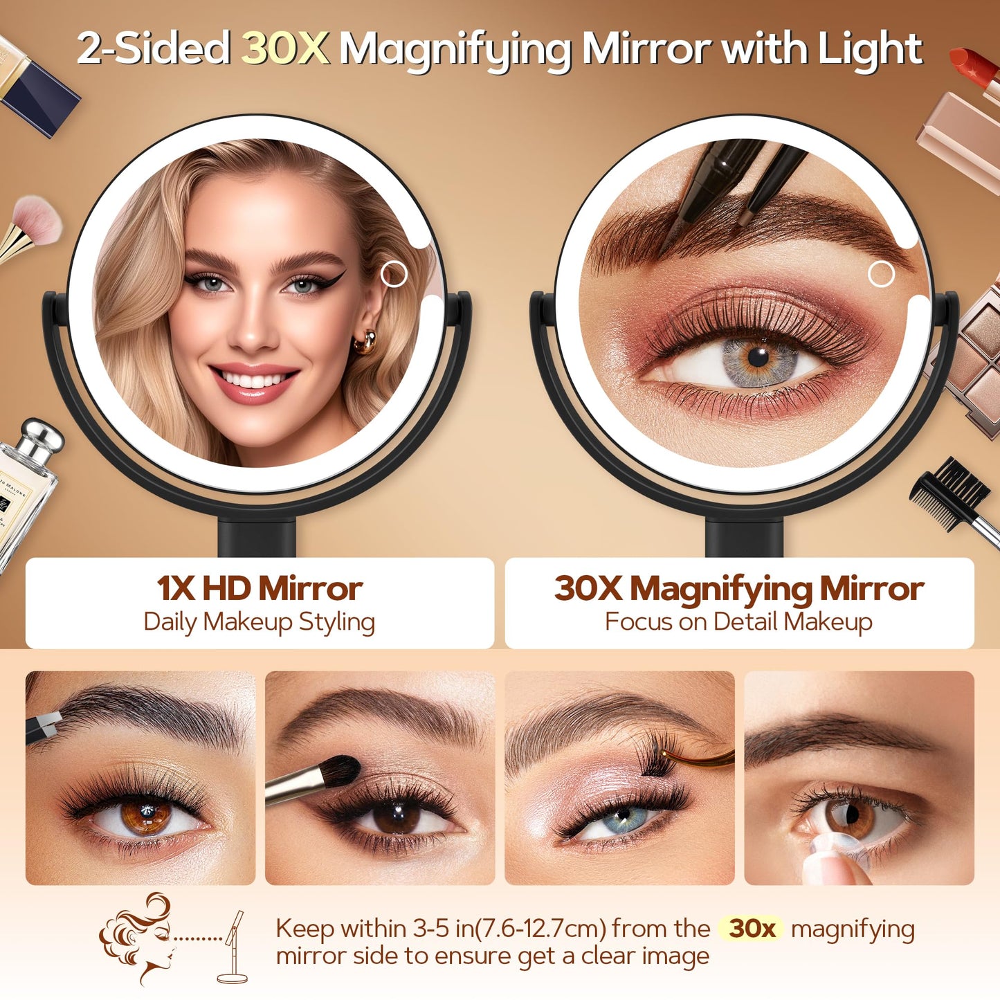 B Beauty Planet Makeup Mirror with Lights, Lighted Magnifying Mirror 30X with 3 Lighting and Adjustable Brightness, 2-Sided Height Adjustable Vanity Mirror for Bathroom, Gifts for Women White